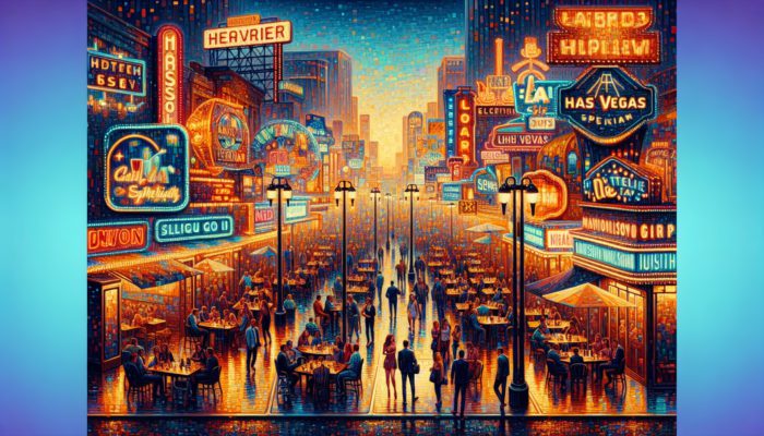 Las Vegas Strip at dusk with neon signs showcasing off-peak dining specials at celebrity chef restaurants.