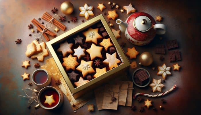A beautifully presented box of golden shortbread stars, some decadently dipped in chocolate, accompanied by a teapot and coffee, creating a festive and warm atmosphere.