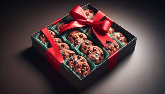 A beautifully packaged box of double chocolate chip cookies featuring gooey centres, crispy edges, and elegantly sprinkled with sea salt, tied with a festive red bow.