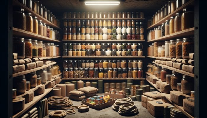 A well-organised pantry in a bunker with labeled jars, cans, and vacuum-sealed bags of food, survival gear visible.