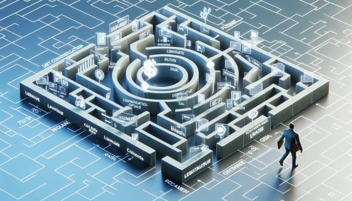 A person navigating a maze of financial paths, with highlighted safe routes symbolising debt consolidation loans.