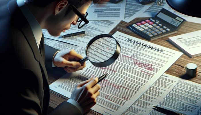 A person using a magnifying glass to scrutinise a Loan Terms and Conditions document, with a calculator and pen on their desk.
