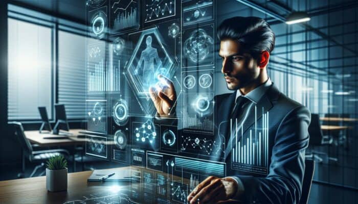Futuristic analyst in a modern office studying market trends on glowing screens to maintain competitiveness in the supplement industry.