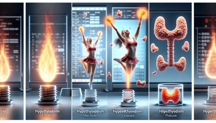 Artistic depiction of thyroid disorders: slow flame for hypothyroidism, cheerleader for hyperthyroidism, nodules in a medical setting.