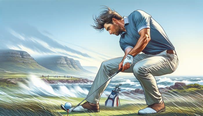 Golfer at Simola Golf Club adapting to coastal winds, lowering stance and widening feet for stability, positioning ball back for headwind control.