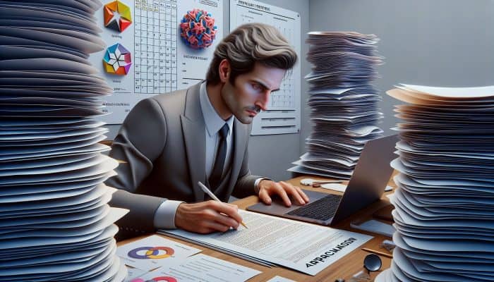 Person filling out application form at desk with laptop, documents, and calendar, looking focused.