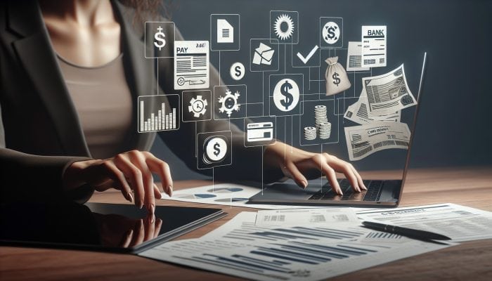 Person organising financial documents like pay stubs, tax returns, bank statements, and credit report for loan consolidation application.