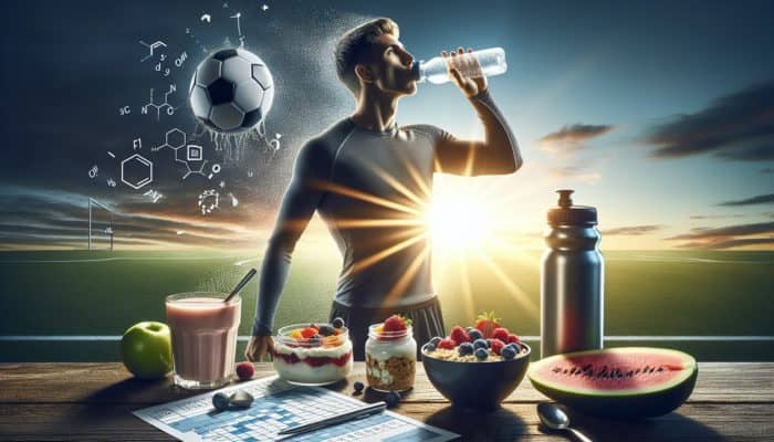 A soccer player hydrating at sunrise, accompanied by a breakfast of yogurt, smoothie, and oatmeal with fruit, ready for a match.