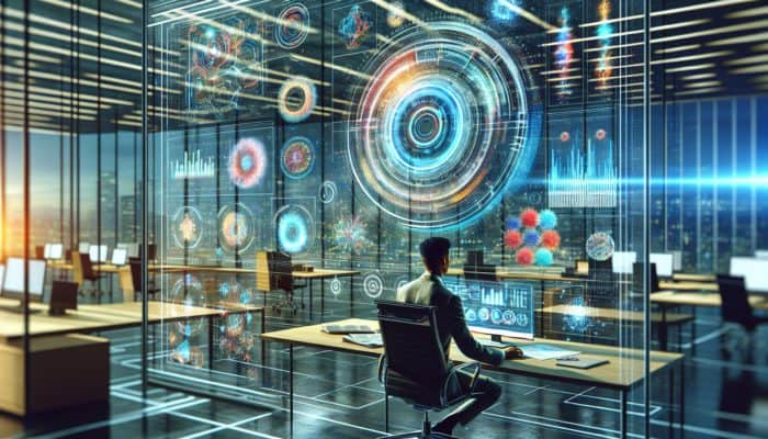 Futuristic dashboard showcasing vibrant data visualisations and holographic screens in a modern office.