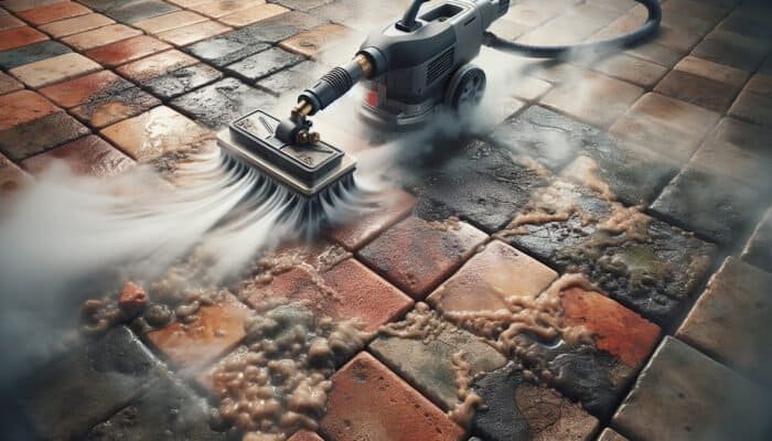 High-pressure steam cleaner effectively removing dirt from quarry tiles, highlighting their natural colours and textures.