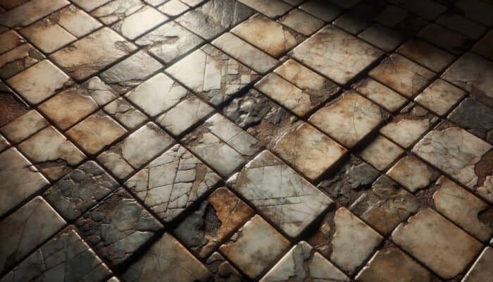 Worn quarry tiles exhibiting dullness, discolouration, cracks, and stains from steam cleaning on an aged kitchen floor.