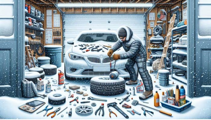 A mechanic winterizing a car in a snowy garage, adding antifreeze and checking tyre chains.