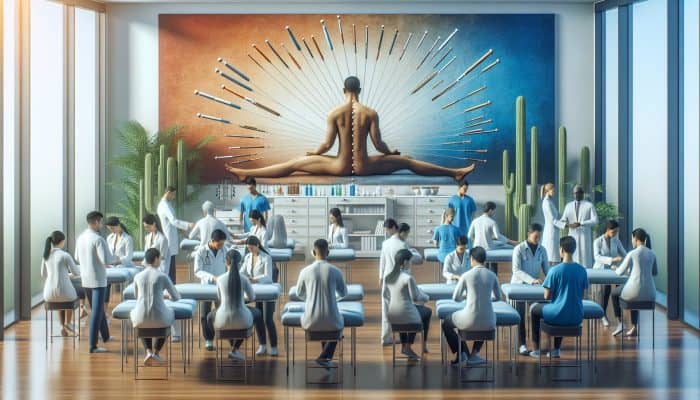 A serene NHS clinic with diverse patients receiving acupuncture, blending traditional and modern healthcare for chronic pain and mental health.