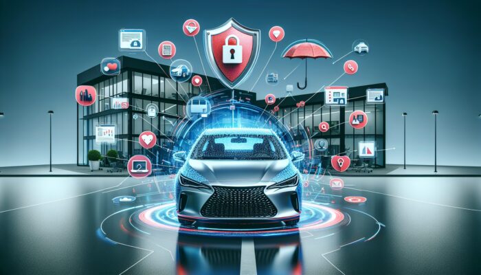 A modern car parked outside an insurance office with floating policy documents and checklist.