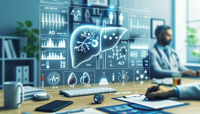 A medical chart showing liver function test results with highlighted ALT and AST levels in a Royton clinic.