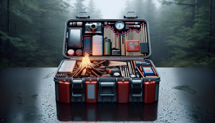 A well-organised fire-starting kit in a waterproof container, with matches, lighters, and new tech items, in a damp forest.