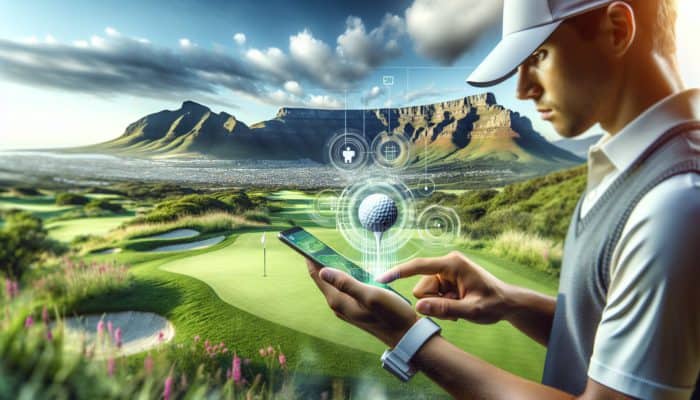 South African golfer using an app on course with Table Mountain, enhancing gameplay with customised routines.