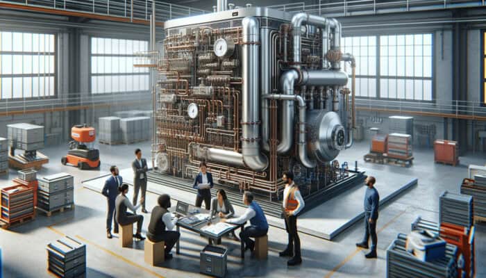 Schematic of modern boiler system with engineers discussing service strategies in Chilliwack.