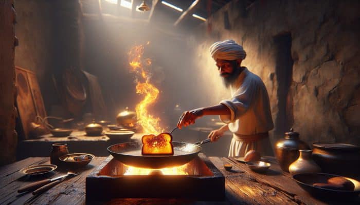 A chef toasting bread in a frying pan with flames in a rustic kitchen.