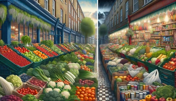 Affluent UK neighbourhoods with markets offering fresh produce contrasted with food deserts containing processed foods in lower socioeconomic areas.