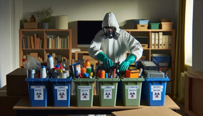 Person in protective gear sorting hazardous materials into labelled bins during house clearance, following UK regulations.