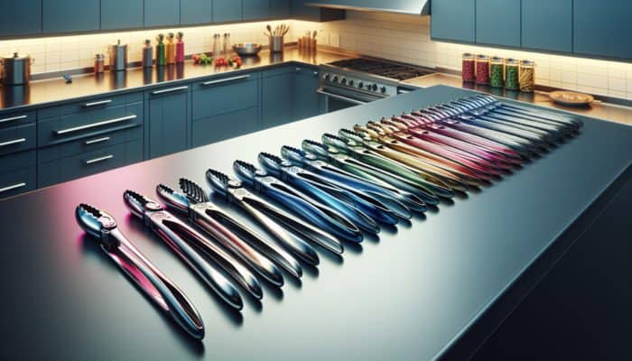 Color-coded stainless steel tongs on a clean kitchen counter for food safety.