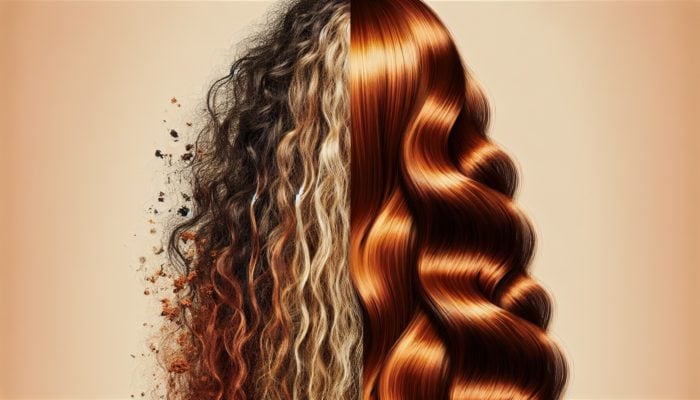 Split image showing a woman's long hair: one side dry and damaged with patchy muted auburn dye, the other side smooth and vibrant after conditioning.