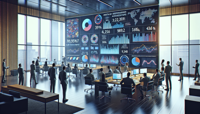 Modern office in Honiton: Business owners analyse digital dashboards on large screens showing KPIs, rising ROI, and UK compliance graphs.