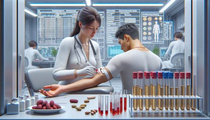 Doctor drawing blood from a patient's arm in a sterile lab, surrounded by test tubes, allergen samples, and charts under bright lights.