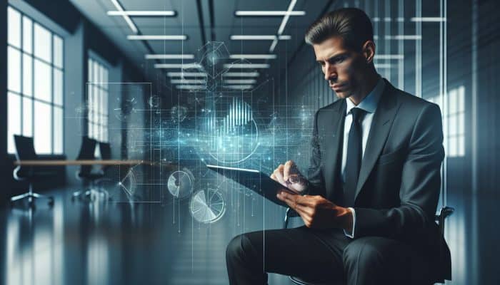 A professional in a modern office reviews employment data on a tablet, surrounded by holographic debt consolidation graphs.