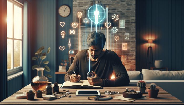 Middle-aged person writing in pain diary at wooden table, surrounded by health pamphlets, tablet, and pain charts in cozy home.