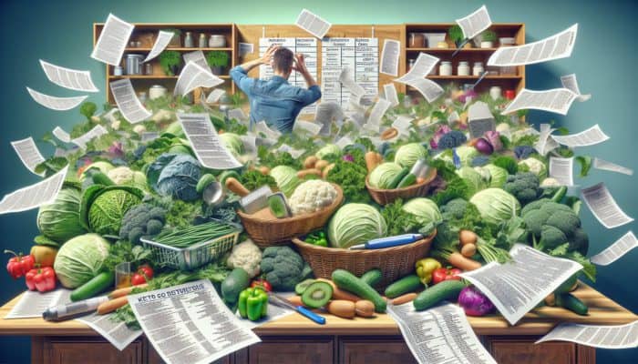 A cluttered kitchen counter overflows with wilting keto produce like cabbage, as a frustrated cook reviews a messy meal plan.