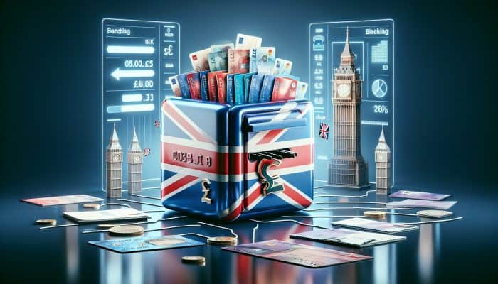 Debt Consolidation Loans vs Paying Debts Separately | DCL Credit cards and bills merging into a pound sterling safe, with Big Ben and Union Jack, illustrating UK debt consolidation.
