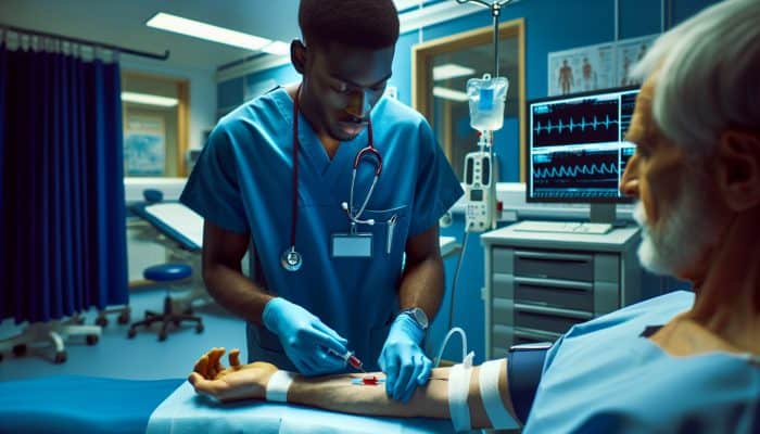 A healthcare professional in blue scrubs disinfects a patient's arm and draws blood in a contemporary Stirling clinic with soft lighting.
