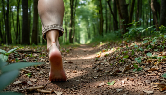 Person walking barefoot on a serene forest path, surrounded by soft earth and leaves, symbolising freedom and connection to nature.