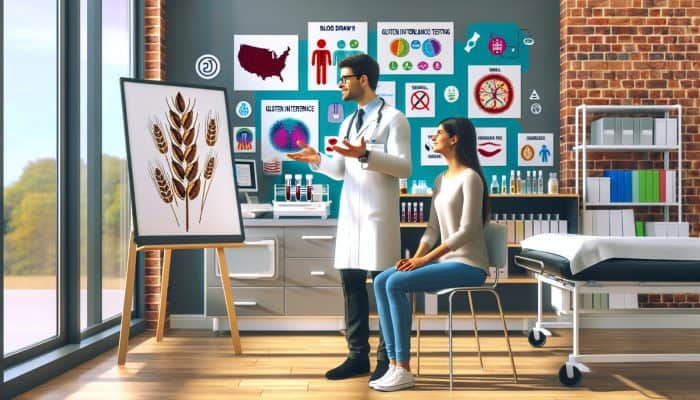 In a modern Willenhall clinic, a doctor articulately explains the gluten intolerance testing process to a patient amidst medical tools and wheat symbols.