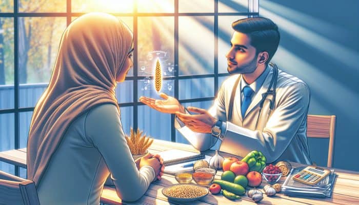 A compassionate doctor discusses positive gluten intolerance results with a patient in a sunlit clinic, surrounded by symbols of nourishing gluten-free foods.