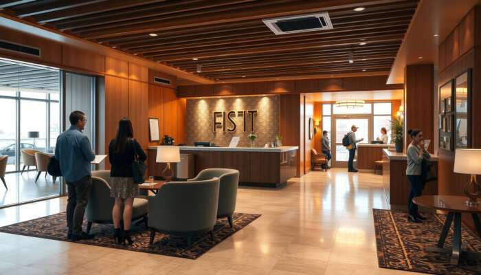 Cozy hotel lobby with warm lighting, comfortable seating, and a welcoming reception desk, filled with guests socialising and checking in, highlighting a friendly atmosphere and cleanliness.