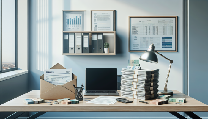 Neat desk in a modern South African office with payslips, tax returns, employer letter, laptop, and Rand notes symbolising financial stability.