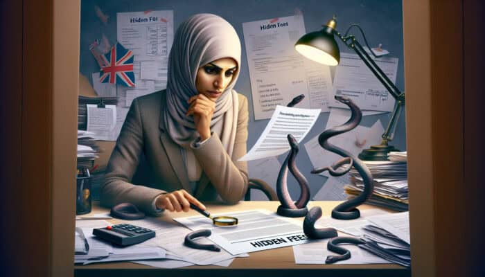 Analyst in a cluttered British office examines a quote with a magnifying glass, revealing shadowy serpents from fine print, symbolising hidden costs.