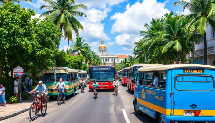 A vibrant street scene in Belize City featuring colorful buses, bicycles, and pedestrians amid tropical greenery and colonial architecture under a clear blue sky.