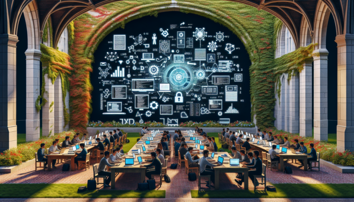 Web development experts in Dartmouth's historic campus, working on laptops with code, charts, and tools under ivy arches.