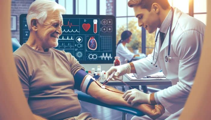 NHS clinician draws blood from smiling patient over 40 in modern UK clinic, with cholesterol and heart health posters visible.