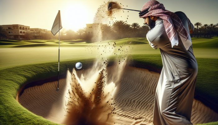 Professional golfer in sandy bunker executes precise wedge shot, sand erupting as the ball soars toward green on sunlit course.