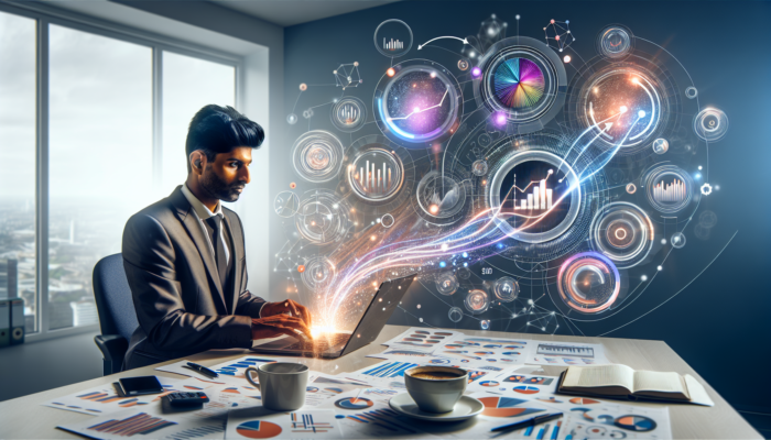 A UK small business owner in a modern London office analysing SEO ROI on a laptop, viewing Google Analytics graphs of organic traffic and sales conversions, surrounded by data charts and coffee cups.