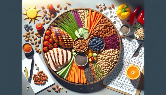 A vibrant plate with grilled chicken, baked turkey, colorful lentils, chickpeas, almonds, chia seeds, and fresh veggies on a sunny table.