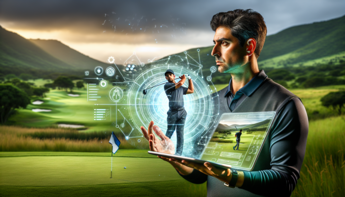 A golf coach in KwaZulu-Natal analyses a player's swing on a tablet while the golfer practices on a lush fairway.