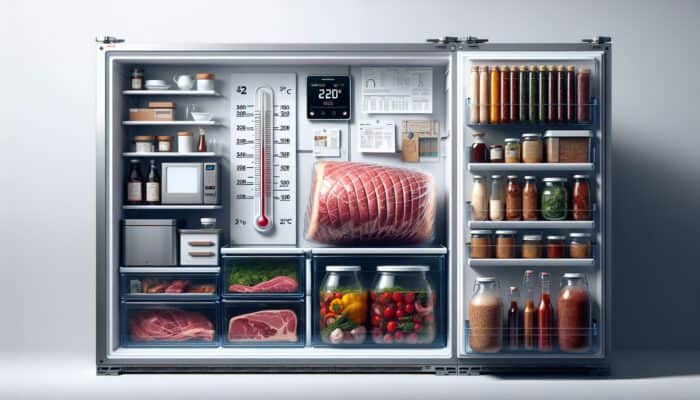 Fresh sauerbraten meat wrapped in clear plastic in a refrigerator's coldest section, with a 2°C thermometer and nearby airtight marinade containers.