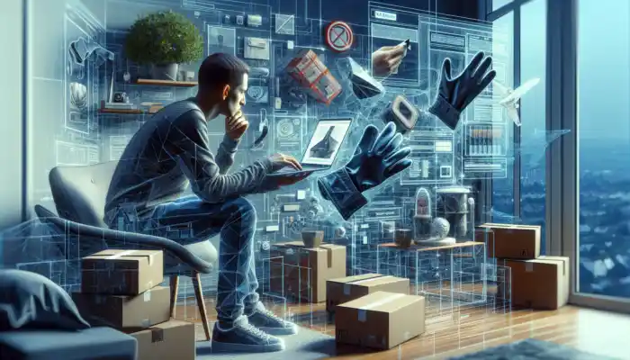 Shopper in modern Guildford home browsing vinyl gloves on laptop with Amazon UK and eBay, surrounded by delivery boxes and reviews.