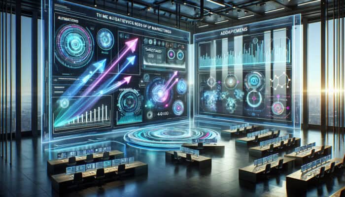 Futuristic Marketo dashboard with glowing data streams, targeted content arrows, holographic users, and adaptive strategy graphs in a high-tech centre.